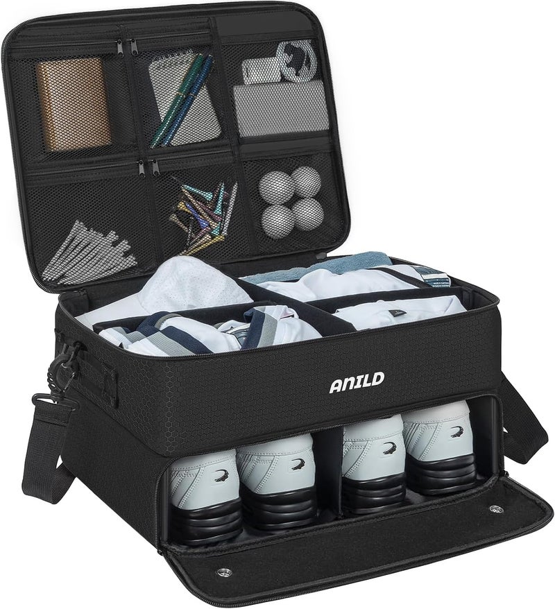 ANILD Golf Trunk Organizer, 2 Layer Golf Storage Case with Separate Ventilated Compartment for 2 Pair Shoes, for Balls, Tees, Clothes, Gloves, Accessories, Golfer Gifts - Image 1